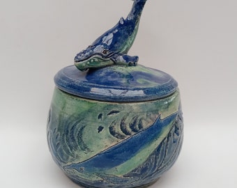 Ceramic Whale Jar, Stoneware Lidded Jar, Hand Sculpted Whale Attached To The Jar, Rustic Jar, Blue Jar, Marine Jar