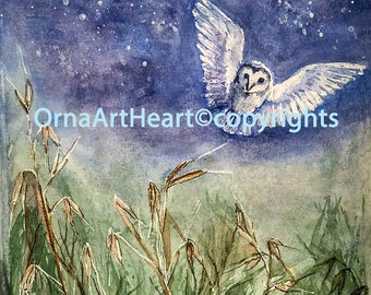 Barn Owl, Owl, Instant Download, PDF Wild Oat Card, Different Sizes Of Watercolor Painting, Art Inspired By Bach Flower Therapy