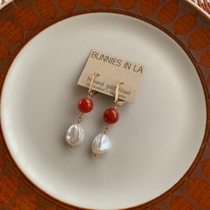 Pearl & Red Agate Drop Earrings image 1