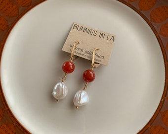 Pearl & Red Agate Drop Earrings
