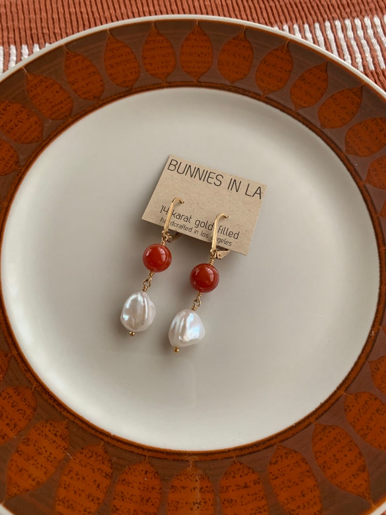 Pearl & Red Agate Drop Earrings image 1