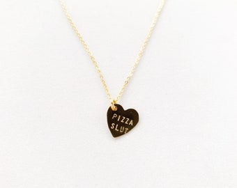 Pizza Slut Heart Charm Necklace Gold