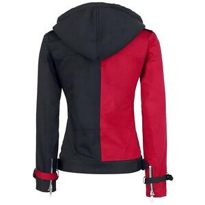 May include: Black and red hooded jacket with zippered cuffs. The jacket is split down the middle, with one side black and the other red.