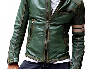 Men's Green Leather Motorcycle Jacket: Vintage Waxed Biker Coat - Leather Jacket For Men