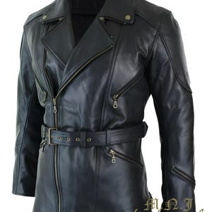 Men's Black Cowhide Leather Motorcycle Jacket – 3/4 Length Biker Coat