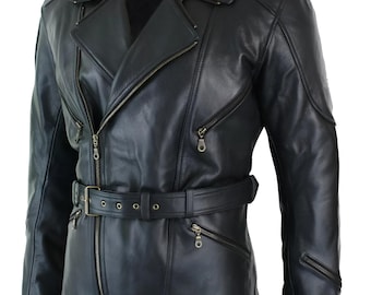 Men's Black Cowhide Leather Motorcycle Jacket – 3/4 Length Biker Coat