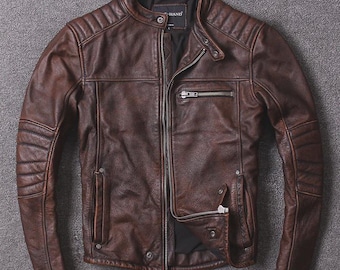 Men Distressed Brown Motorcycle Leather Jacket Fashion Biker Real Leather Jacket