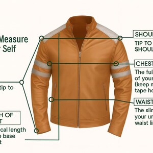 May include: A tan leather jacket with white shoulder accents and silver stripes on the sleeves. The image includes text explaining how to measure the shoulder, chest, waist, sleeve, and jacket length.