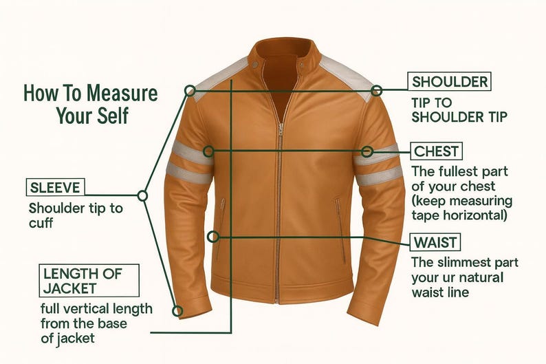 May include: A tan leather jacket with white shoulder accents and silver stripes on the sleeves. The image includes text explaining how to measure the shoulder, chest, waist, sleeve, and jacket length.