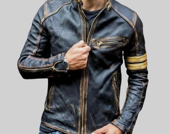 Herren Distressed Lammfellleder Cafe Racer Jacke - Vintage Biker Style Lederjacke für Herren