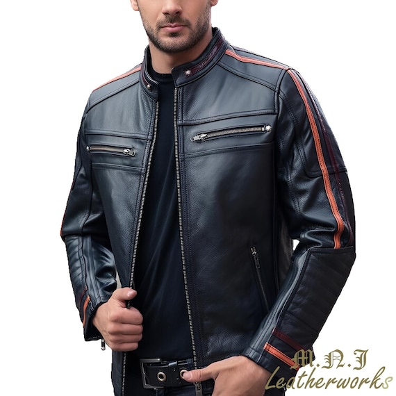 New Men's Genuine Black Lambskin Leather Slim Fit Biker Motorcycle Jacket For Men A365