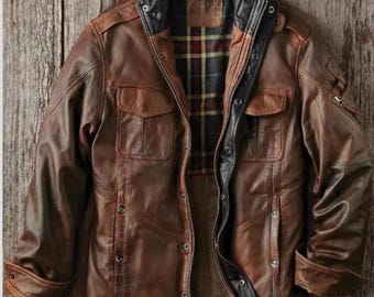 Men Distressed Brown Leather Biker Jacket – Real Lambskin Motorcycle Jacket, Handmade Custom Fit