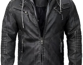 Men's Real Leather Jacket Distressed Motorcycle Biker Jacket with Removable Hood - Leather Jacket For Men - All Sizes