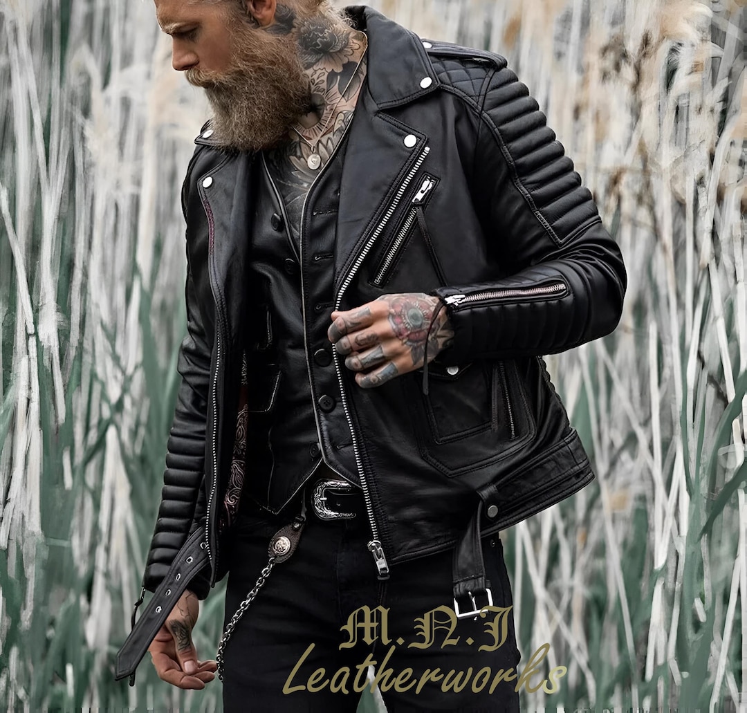 Quilted Slim Fit Motorcycle Biker Jacket Men's Black Genuine
