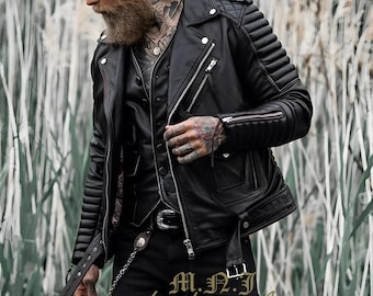 Quilted Slim Fit Motorcycle Biker Jacket Men's Black Genuine Sheepskin Leather