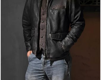Men's Distressed Black Lambskin Leather Biker Jacket: Cafe Racer Style - Leather Jacket For Men