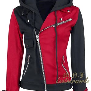 Harley Quinn Inspired Biker Hoodie – Red & Black Cosplay Jacket image 1