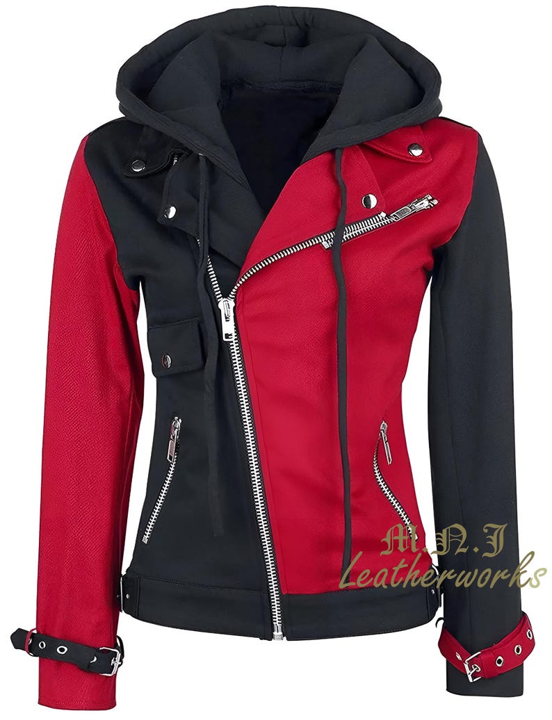 Harley Quinn Inspired Biker Hoodie – Red & Black Cosplay Jacket image 1