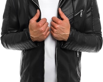 Men's Black Lambskin Leather Biker Jacket: Detachable Hoodie, Brando Style Leather Jacket For Men