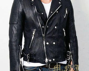 Herren Black Tumbled Lambskin Leather Slim Fit Nieten Bikerjacke - Lederjacke für Herren