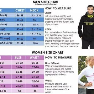 May include: A size chart for men and women's clothing with measurements in inches. The chart includes sizes, chest, neck, bust, waist, and instructions on how to measure.