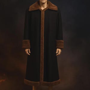 Men's Black Wool Trench Coat - Faux Fur Shearling Trim, Candyman Style
