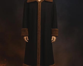 Men's Black Wool Trench Coat - Faux Fur Shearling Trim, Candyman Style