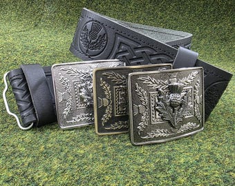 Scottish Kilt Belt with Buckle – Thistle Embossed Belt 2.25" Wide for 2.5" Buckle – Multiple Buckles Finishes – Highland Dress Accessory
