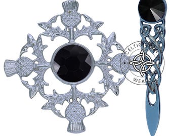 Scottish Thistle Brooch & Celtic Kilt Pin set - with Gemstone Chrome Finish, Highland Kilt Accessory Handcrafted, Gift for Scottish Women