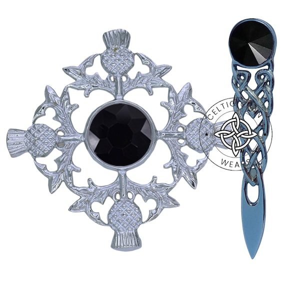 Scottish Thistle Brooch & Celtic Kilt Pin set - with Gemstone Chrome Finish, Highland Kilt Accessory Handcrafted, Gift for Scottish Women