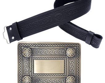 Kilt Belt with Buckle Set of 2 Pcs – Black Leather Celtic Knot Embossed kilt Belt Buckle 4 demo Handcrafted - Traditional Scottish Gift Men