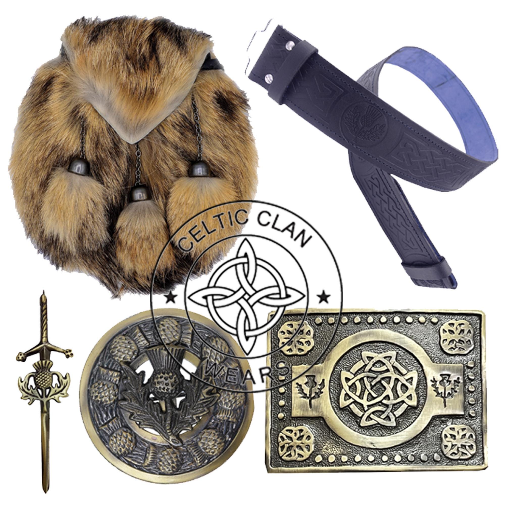 5587 Scottish Kilt Sporran With Traditional Badges – Genuine Leather Scottish Pouch Highland Celtic Embossed Sporran Brown Men  main image 3