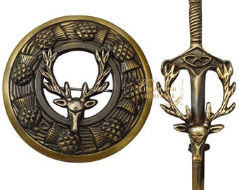 Scottish Kilt Pin & Brooch Set of 2 – Celtic Sword Antique Finish – Thistle, Masonic, Stag Head, Welsh Dragon, Handcrafted Highland Gift