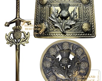 Schottische Distel Kilt Gürtelschnalle, Schwert Kilt Pin & Brosche Set - Traditionelles handgefertigtes Highland Kilt Zubehör, antikes Messing-Finish