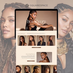 May include: A Squarespace website design for BraidTheory, featuring a woman with long braids. The website showcases various braided hairstyles, with the text "braidtheory" prominently displayed. The overall aesthetic is modern and elegant, with a focus on hair styling services.