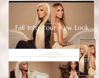 May include: A website design for a hair shop, featuring two women with long blonde and brown hair. The text "Fall Into Your New Look" is prominent. The design includes a mobile view and the words "HAIR SHOPIFY THEME 2025" and "FREE INSTALLATION INCLUDED".