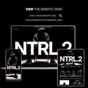 May include: A monochrome website design showcased on a laptop, tablet, and smartphone. The website displays the text "NTRL.2" in large white letters. The website's URL and password are also visible.