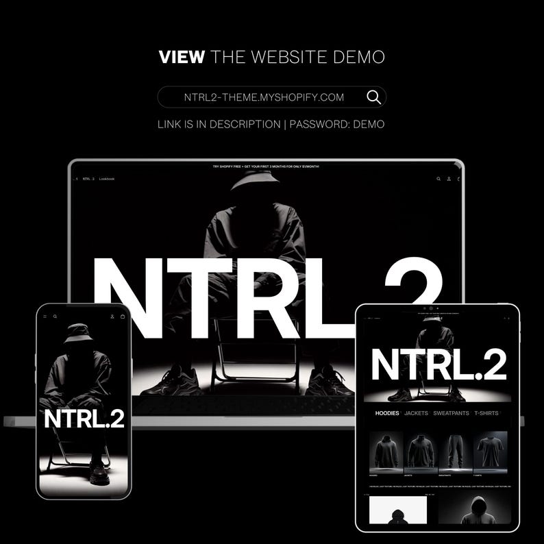 May include: A monochrome website design showcased on a laptop, tablet, and smartphone. The website displays the text "NTRL.2" in large white letters. The website's URL and password are also visible.