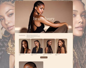 May include: A website mockup for a hair braiding service, featuring a woman with long braids. The site showcases various braid styles, including Knotless, Goddess, Cornrows, and Boho braids. The text "braidtheory" is prominently displayed.