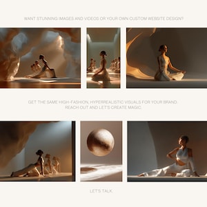 May include: A promotional image featuring a series of artistic visuals. The images showcase figures in white attire in various poses, with soft lighting and flowing fabrics. Text includes "WANT STUNNING IMAGES AND VIDEOS" and "LET'S TALK."