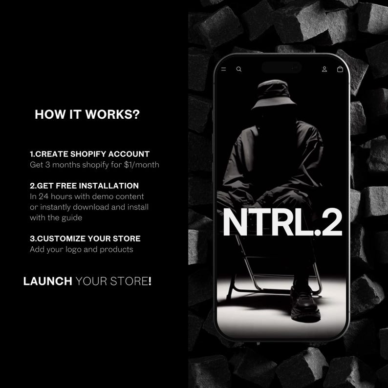 May include: A monochrome graphic detailing the steps to create a Shopify store, including account creation, free installation, and customisation. A smartphone displays a person in a hat and the text "NTRL.2".