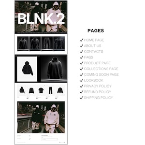 May include: A website mockup featuring the text "BLNK.2" in large white letters. The page displays product images of hoodies, shirts, and pants. A list of website pages includes "Home Page," "About Us," and "Product Page."
