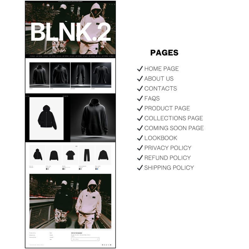 May include: A website mockup featuring the text "BLNK.2" in large white letters. The page displays product images of hoodies, shirts, and pants. A list of website pages includes "Home Page," "About Us," and "Product Page."