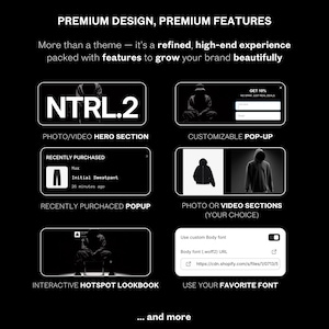 May include: A black and white graphic with the text "PREMIUM DESIGN, PREMIUM FEATURES" and "NTRL.2". The image showcases website features, including a hero section, pop-up, and font customisation options. The text "... and more" is at the bottom.
