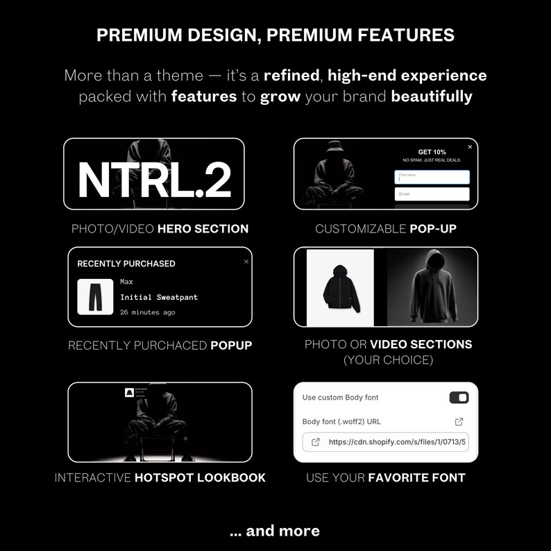 May include: A black and white graphic with the text "PREMIUM DESIGN, PREMIUM FEATURES" and "NTRL.2". The image showcases website features, including a hero section, pop-up, and font customisation options. The text "... and more" is at the bottom.