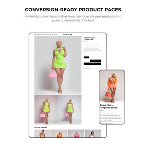 May include: A website mockup showcasing product pages. The main image features a woman in a neon green mini dress, holding a pink purse. Additional images display similar dresses and an orange outfit. Text reads "CONVERSION-READY PRODUCT PAGES".