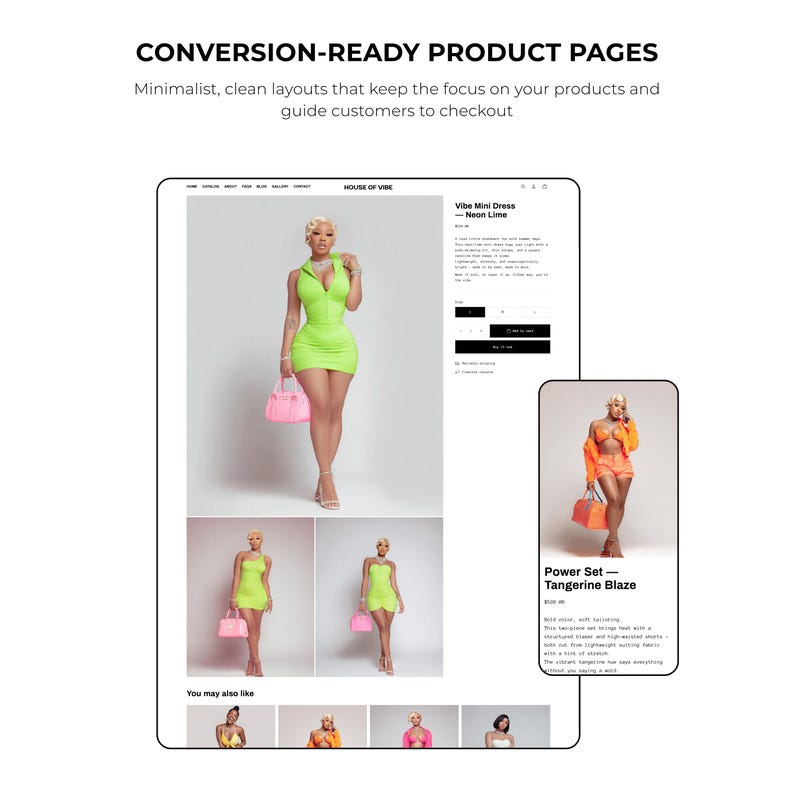 May include: A website mockup showcasing product pages. The main image features a woman in a neon green mini dress, holding a pink purse. Additional images display similar dresses and an orange outfit. Text reads "CONVERSION-READY PRODUCT PAGES".