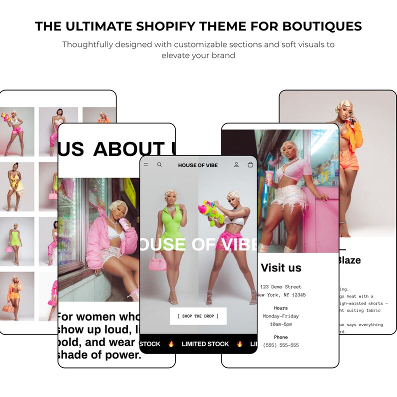 May include: A Shopify theme advertisement for boutiques. The image showcases website mockups with models wearing colorful outfits. The text includes "HOUSE OF VIBE" and "SHOP THE DROP". The theme is designed with customizable sections and soft visuals.