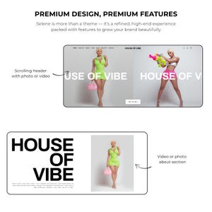 May include: A website design concept with the text "PREMIUM DESIGN, PREMIUM FEATURES" and "HOUSE OF VIBE". The design includes images of a woman in a neon green dress and a woman holding a water gun.