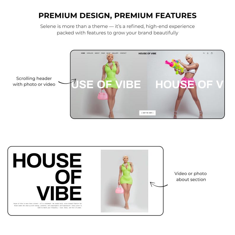 May include: A website design concept with the text "PREMIUM DESIGN, PREMIUM FEATURES" and "HOUSE OF VIBE". The design includes images of a woman in a neon green dress and a woman holding a water gun.